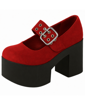 Nevermind Mary Jane platform shoes in red suede and leather with wide strap and metal buckle