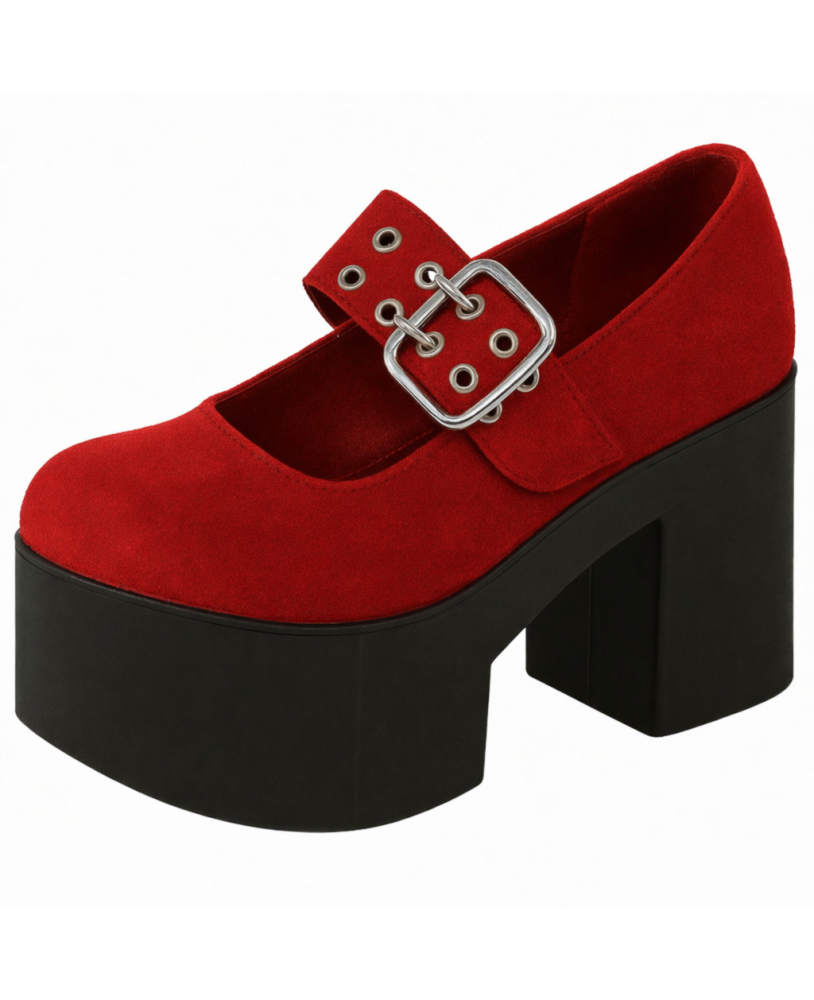 Nevermind Mary Jane platform shoes in red suede and leather with wide strap and metal buckle