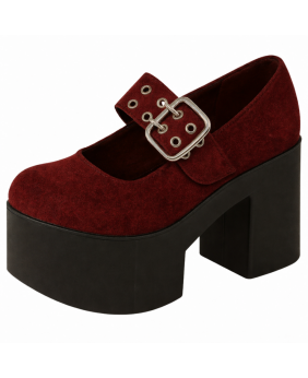 Nevermind Mary Jane platform shoes in burgundy suede and leather with wide strap and buckle