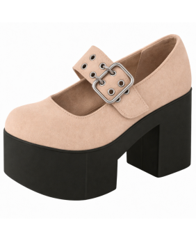 Nevermind Mary Jane platform shoes in beige suede and leather with wide strap and metal buckle