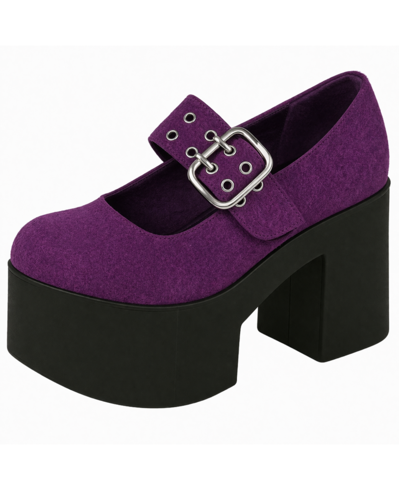 Nevermind Mary Jane platform shoes in purple suede and leather with wide strap and metal buckle