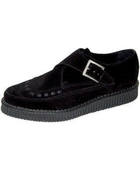 Nevermind pointed toe creepers in black suede leather with metal buckle.