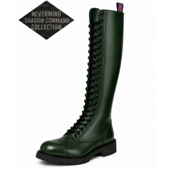 Nevermind Shadow Command 30 eye green leather ranger boots with black eyelets.