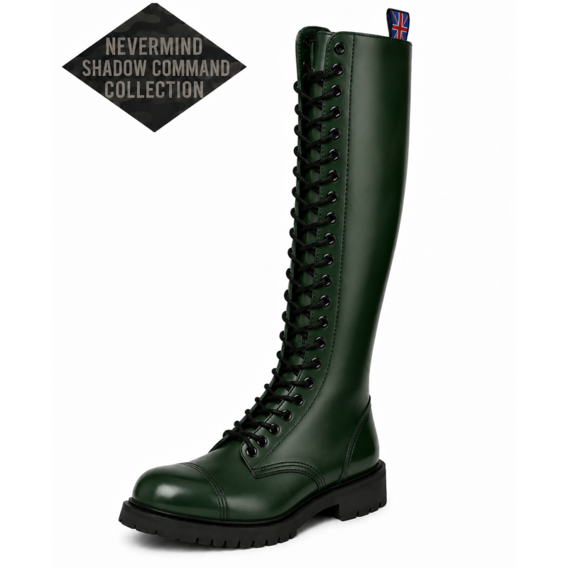 Botas Ranger Nevermind Shadow Command de 30 ojales en cuero verde con ojales negros.