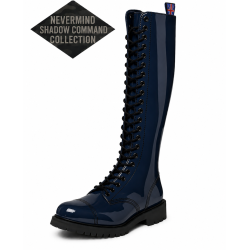 Nevermind Shadow Command 30 eye navy blue patent leather ranger boots with black eyelets.