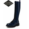 Nevermind Shadow Command 30 eye navy blue patent leather ranger boots with black eyelets.