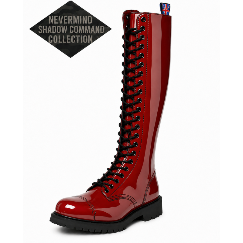 Nevermind Shadow Command 30 eye red patent leather ranger boots with black eyelets.