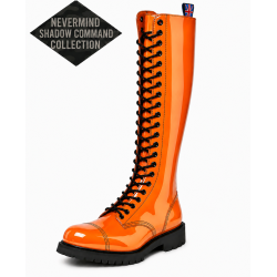 Nevermind Shadow Command 30 eye orange patent leather ranger boots with black eyelets.