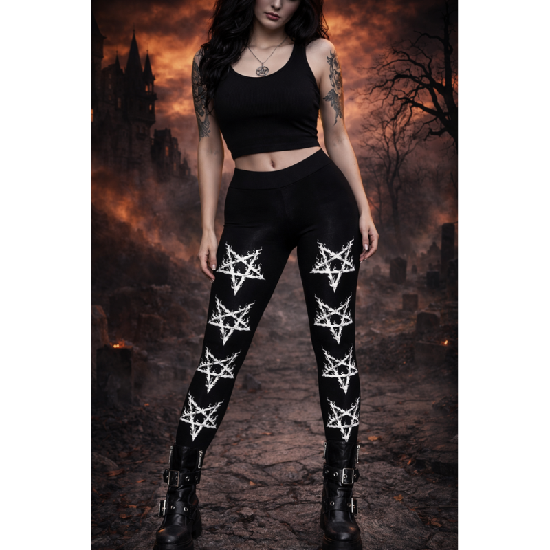 Schwarze Gothic-Leggings mit weißen Pentagrammen – die perfekte Kombination aus Komfort und alternativem Stil.