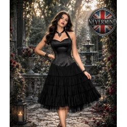 Ein Bustierkleid aus Satin mit Korsettschnürung und einem luftigen Tüllrock.
