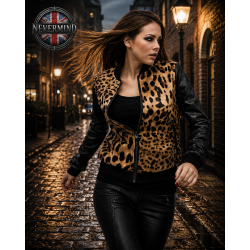 Eine Jacke in Lederoptik mit auffälligem Leopardenmuster und modernem Bomber-Stil.