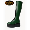 Botas plataforma The Uprising de 30 ojales en cuero charol verde con suela creeper UMD negra de 5 cm.