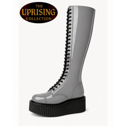 The Uprising 30 eye grey patent leather platform boots with a 5 cm black UMD creeper sole.