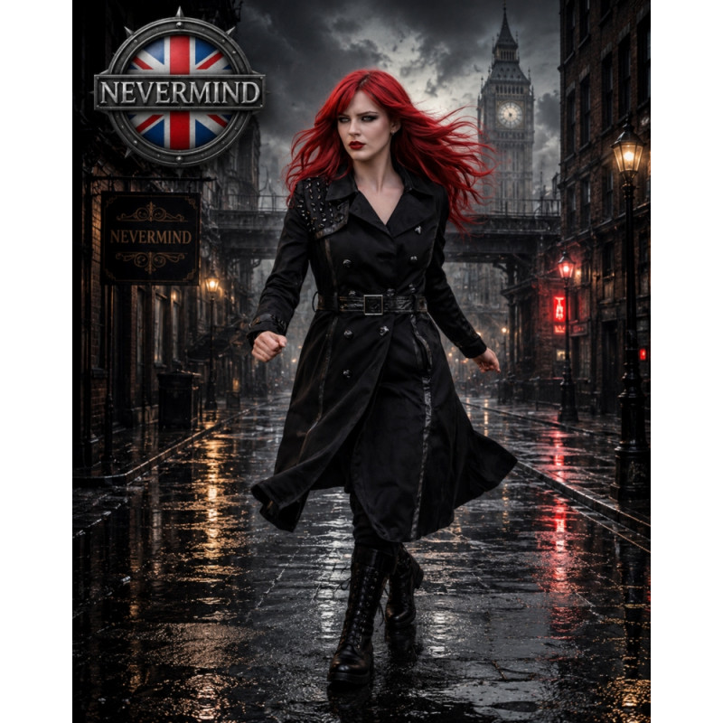 A timeless black trench coat enhanced by studded accents and elegant faux leather details.