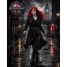 A timeless black trench coat enhanced by studded accents and elegant faux leather details.