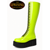 The Uprising 30 eye lime green patent leather platform boots with a 5 cm black UMD creeper sole.