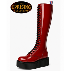 The Uprising 30 eye dark red patent leather platform boots with a 5 cm black UMD creeper sole.