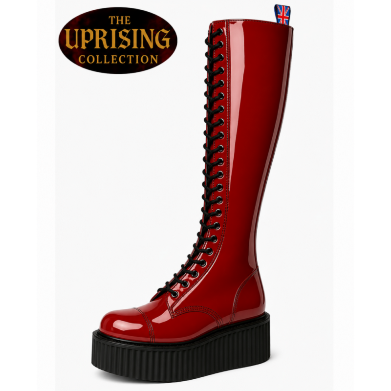 The Uprising 30 eye dark red patent leather platform boots with a 5 cm black UMD creeper sole.