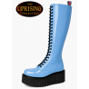 The Uprising 30 eye sky blue patent leather platform boots with a 5 cm black UMD creeper sole.