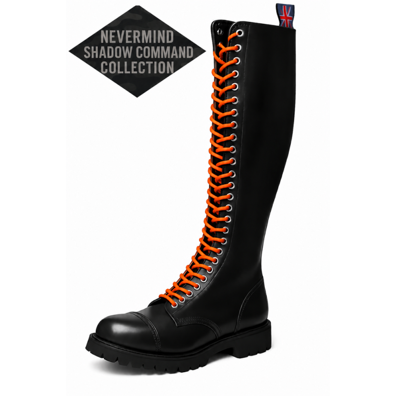 Nevermind Shadow Command black leather rangers with 30 eyelets, bright orange laces and a treaded sole.
