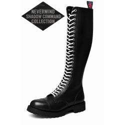 Rangers Nevermind Shadow Command de cuero negro con 30 ojales, cordones blancos y suela dentada.