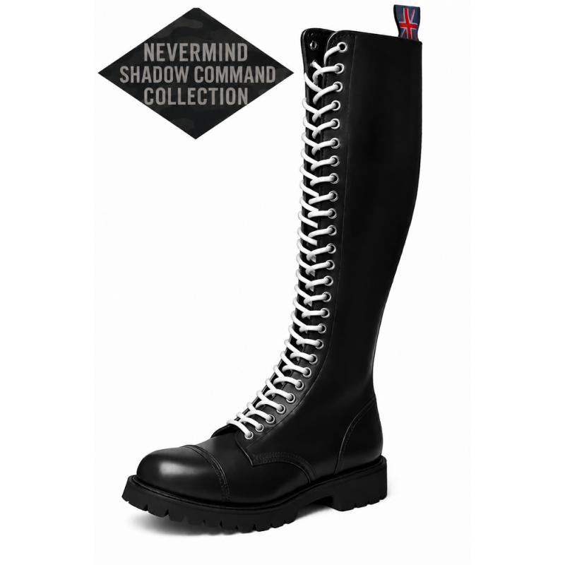 Nevermind Shadow Command black leather rangers with 30 eyelets, white laces and a treaded sole.