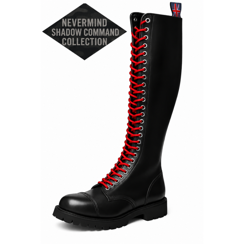 Rangers Nevermind Shadow Command in pelle nera con 30 occhielli e lacci rossi a contrasto.