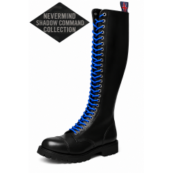 Rangers Nevermind Shadow Command de cuero negro con 30 ojales y cordones azules en contraste.