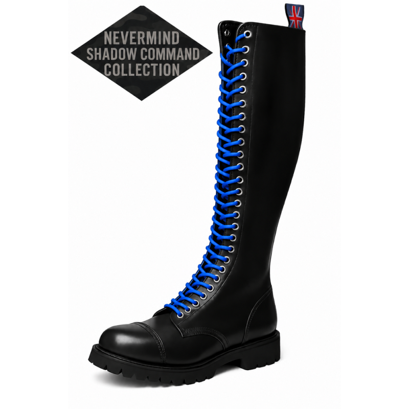 Nevermind Shadow Command black leather rangers with 30 eyelets and contrasting blue laces.