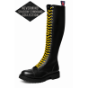 Nevermind Shadow Command black leather rangers with 30 eyelets and contrasting yellow laces.