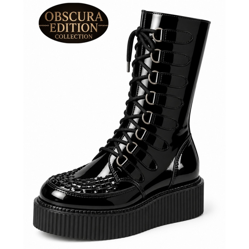 Bottes creepers noires vernies Nevermind en cuir avec semelle plateforme en gomme, lacets et brides à boucles.