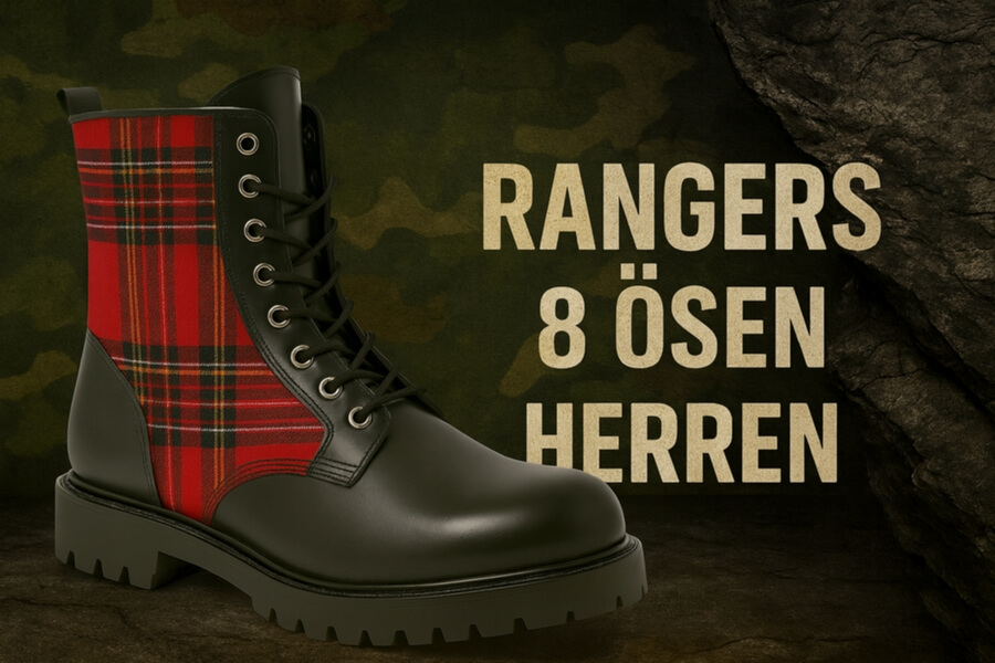 Rote Schaftseite mit Karo-Muster und schwarzem Leder, grobe Schnürung, robuste 8‑Ösen Ranger-Stiefelette vor dunklem Camouflage-Hintergrund.