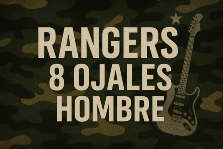 Curso de botas tácticas de cuero para hombre con diseño camuflaje y guitarra eléctrica.