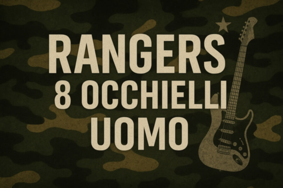 Testo grande: “RANGERS 8 OCCHIELLI UOMO” su sfondo mimetico, figura di chitarra in economia stilizzata a lato.