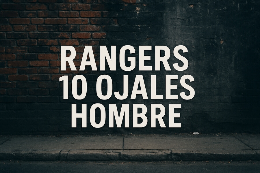 Rótulo grande en muro oscuro que dice: “RANGERS 10 OJALES HOMBRE” en letras blancas.