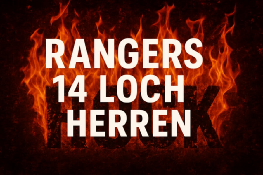 RANGERS 14 LOCH HERREN Text vor brennenden Flammen, Hintergrund dunkel.