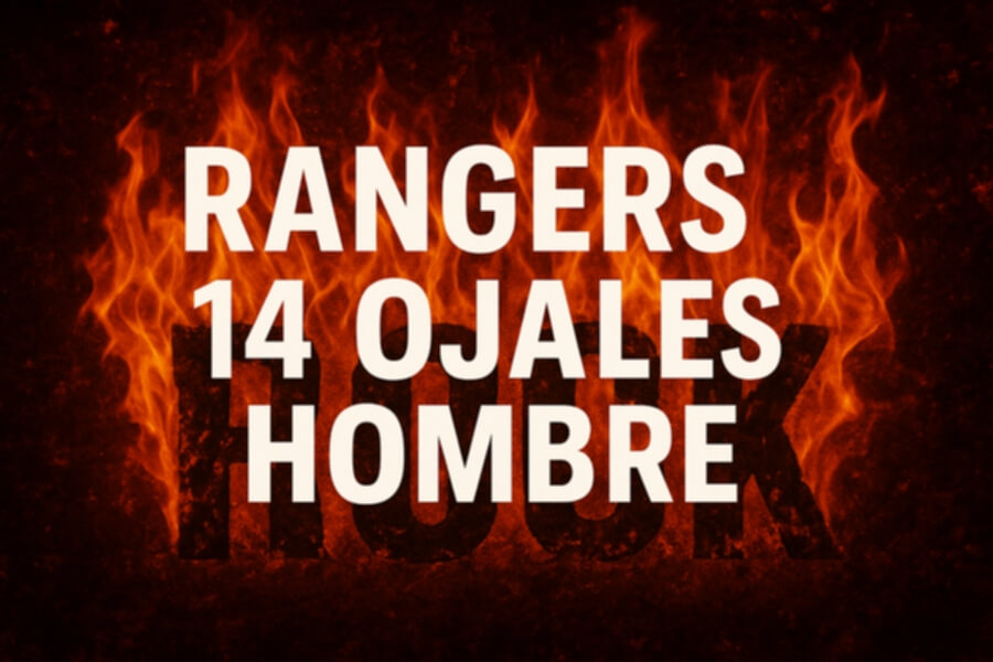 Botas Rangers 14 ojales en cuero negro y bicolor para estilo punk-gótico | Nevermind Europe: texto blanco sobre fondo en llamas que dice “RANGERS 14 OJALES HOMBRE” (con sombra).
