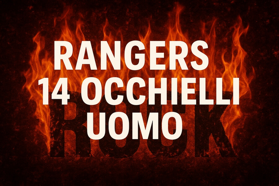 Stivali punk con 14 occhielli in pelle nera su sfondo rosso fuoco con testo pantsio "RANGERS 14 OCCHIelli UOMO" in bianco.