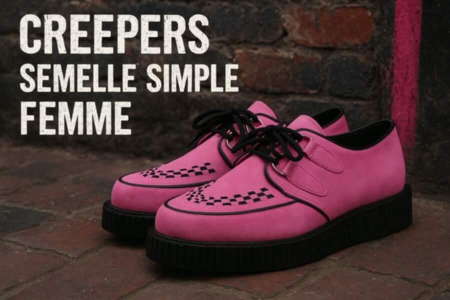 Chaussures creepers femmes roses à semelle noire épaisse, lacets noirs, motif damier noir sur le dessus, posé sur un sol en briques.