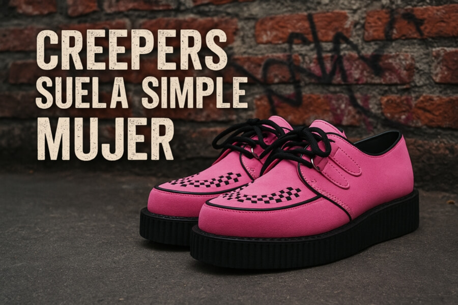 Zapatillas creepers rosas para mujer con suela negra gruesa y puntera decorada; fondo con muro de ladrillos.