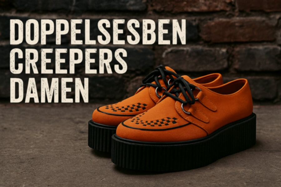 Orange Damen-Creepers mit 5 cm Plateausohle vor dunklem Hintergrund; schwarzes Schnürdesign und keilförmige Plateaus.