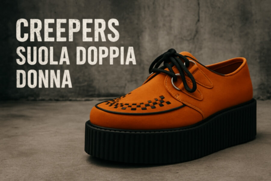 Sneaker platform con suola spessa nera, tomaia arancione con lacci neri, testo "CREEPERS SUOLA DOPPIA DONNA" sullo sfondo.