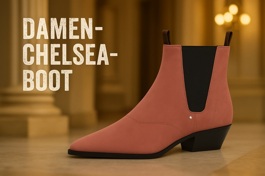 Rosa Chelsea-Boot für Damen im Vintage-Stil mit schwarzem Elastik-Einsatz und niedrigem Absatz, vor klassischem Hintergrund.