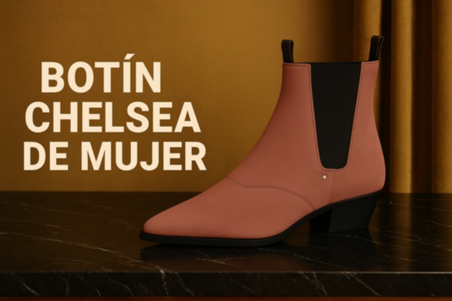Botín Chelsea de mujer en rosa suave con suela negra y elástico negro, mostrado sobre una superficie oscura junto a fondo mostaza.