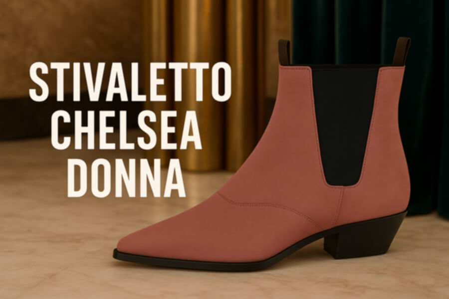 Stivaletto Chelsea donna in pelle rosa blush con elastico nero, tacco basso, scatto a lato in ambiente boutique.