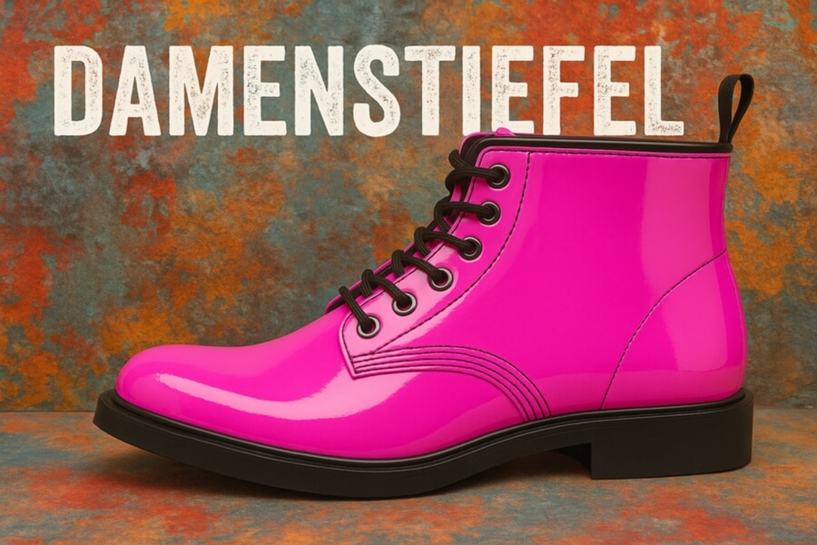 Rosa glänzende Damen-Stiefelette mit schwarzer Sohle und schwarzen Schnürsenkeln vor rustikalem Hintergrund, Text DAMENSTIEFEL im Hintergrund.