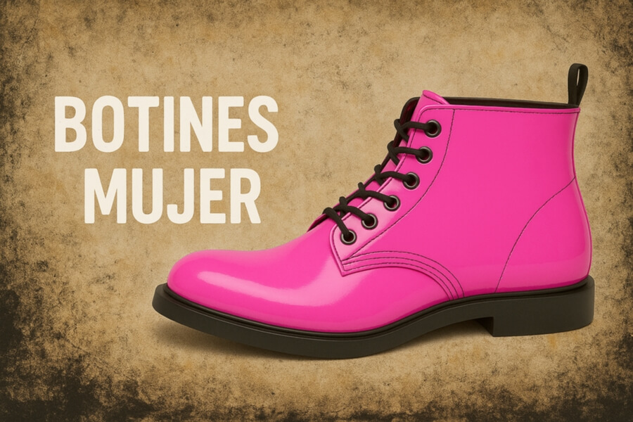 Botín femenino tipo bota militar, color rosa brillante, cordones negros y suela negra sobre fondo beige.