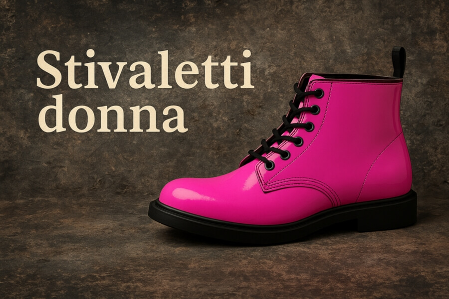 Stivaletto donna in vernice rosa acceso, con lacci neri, su sfondo scuro; testo “Stivali donna” a sinistra.