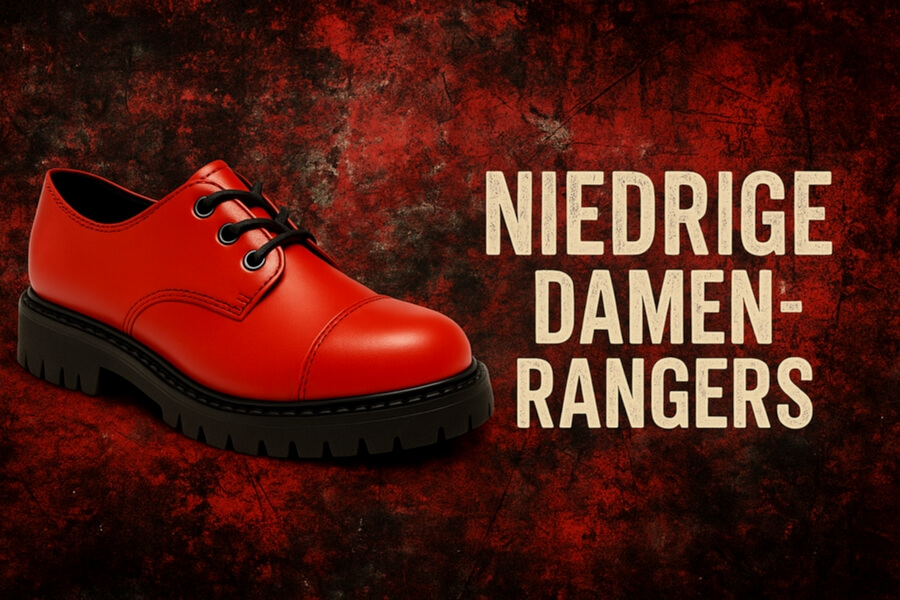 Rote Damen-Ranger-Schuhe mit schwarzen Schnürsenkeln vor dunkelrotem, rauem Hintergrund; Text „Niedrige Damen-Rangers“ daneben.