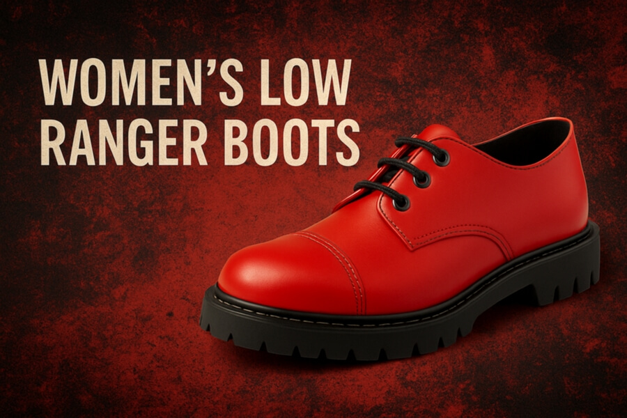 Red women’s low ranger boot with black lug sole, against a red textured background; bold text “WOMEN’S LOW RANGER BOOTS” on left.
